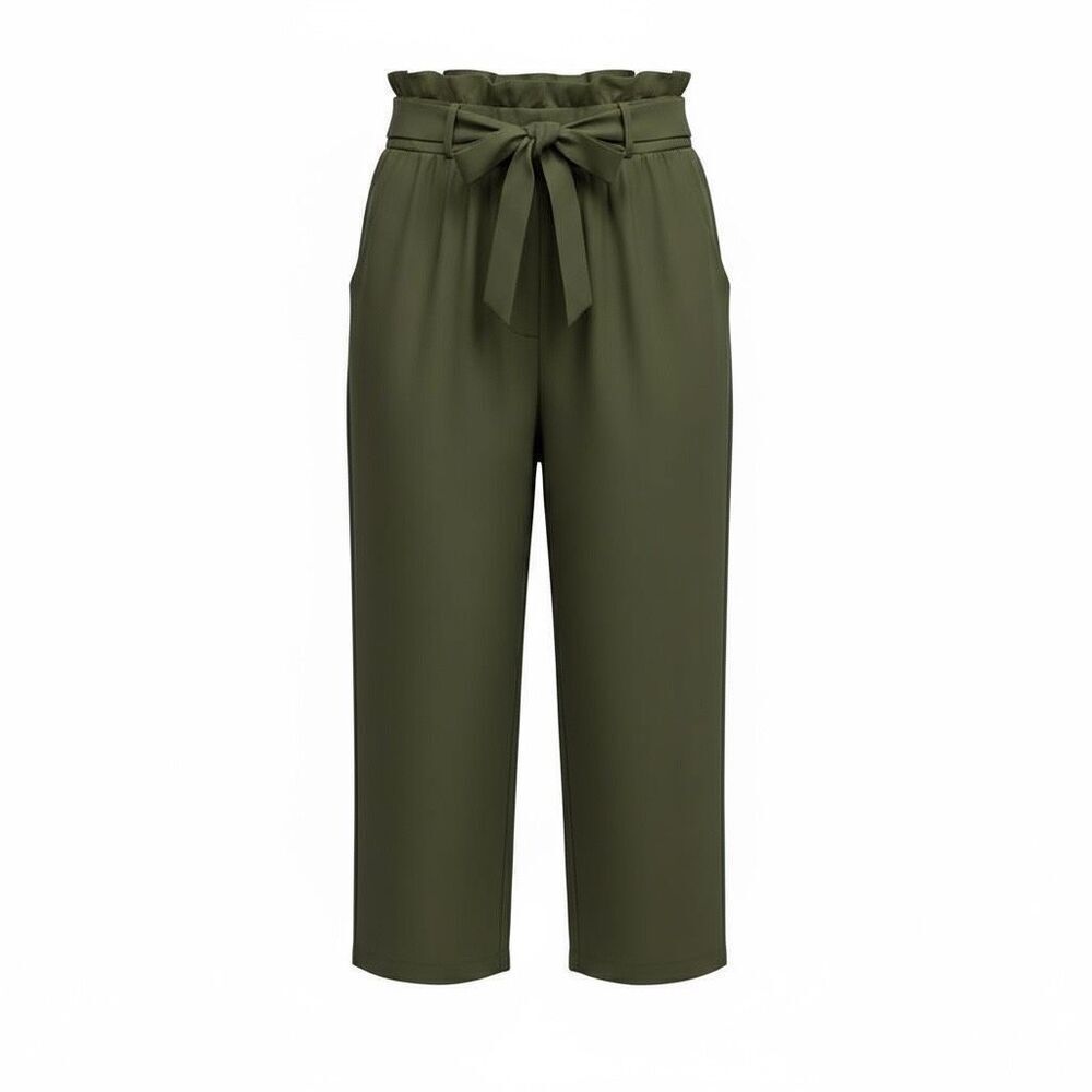 H&M High Rise Paperbag Tie Waist Tapered TRouser Pants Olive Green Size‎ 12